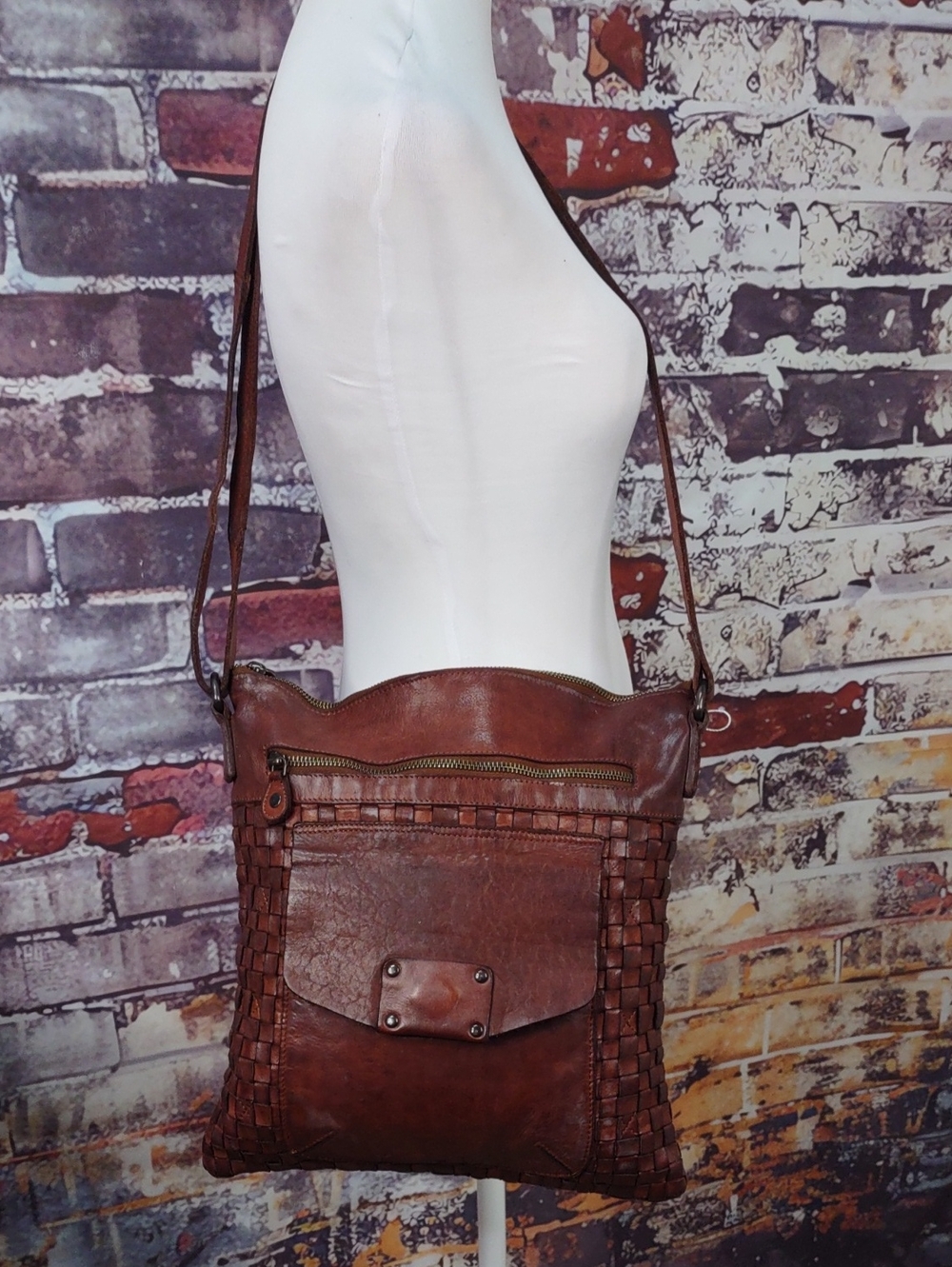 Mahogany Brown Woven Leather Shoulder Bag